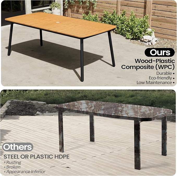 82" Outdoor Dining Table for 8, Brown Patio Table with Umbrella Hole Rectangle Dining Table with Aluminum Frame and Waterproof Wood Grain Tabletop for Lawn Backyard Garden Poolside