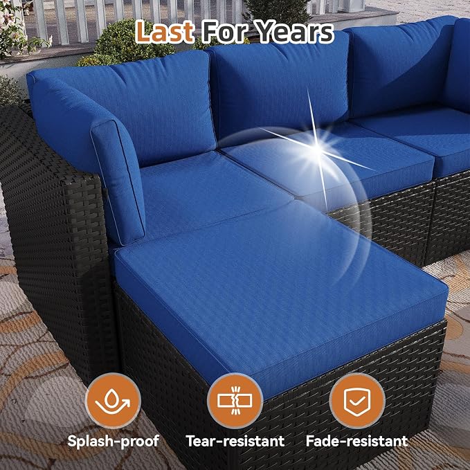 Aoxun Patio Furniture Set 5-Piece, Outdoor Sectional Sofas with Washable Cushion, Wicker Rattan Patio Conversation Sets for Backyard Porch and Poolside, Navy
