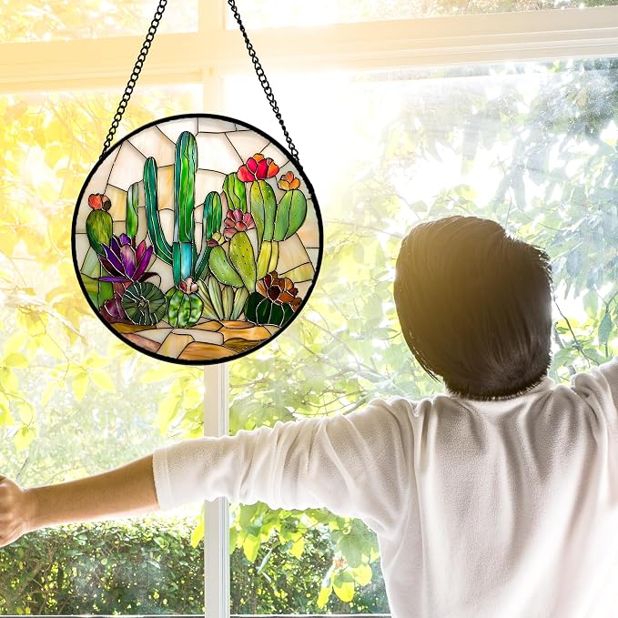 DASTOLL Stained Glass Window Hanging, White Green Cactus Suncatcher Diamond Glass Panel Hangings Sun Catchers Decor for Birthday for Women, Men, Wife, Aunt, and Mom 9.8 in