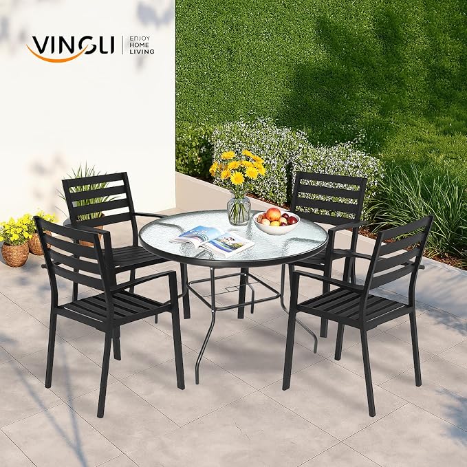VINGLI 40'' Outdoor Dining Table with Umbrella Hole, All Weather Round Patio Table, Waterwave Tempered Glass Top and Metal Frame, for Garden Porch Balcony Yard