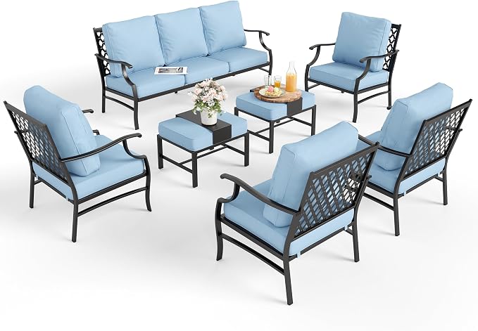 MIXPATIO Patio Furniture Set 7 pcs, Outdoor Patio Furniture, 3-Seat Sofa, 4 Single Chairs, 2 Ottomans and 5.75" Extra Thick Cushion, Patio Conversation Set for Garden Backyard Deck,Blue