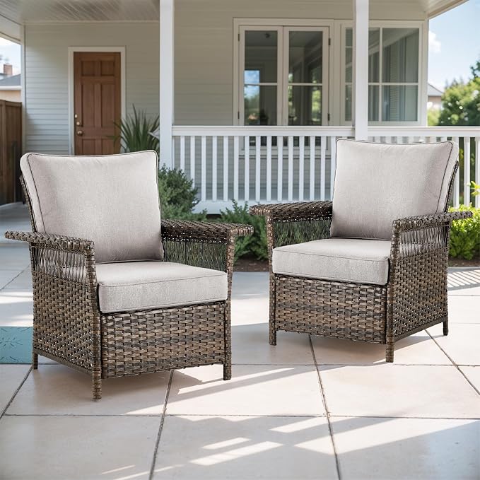 Rilyson Luxury Outdoor Patio Wicker Chairs Set of 2, Rattan 2 Piece Patio Chair Set with High Back, Comfy Cushions and Deep Seating for Porch Deck Backyard Garden(Brown/Beige)