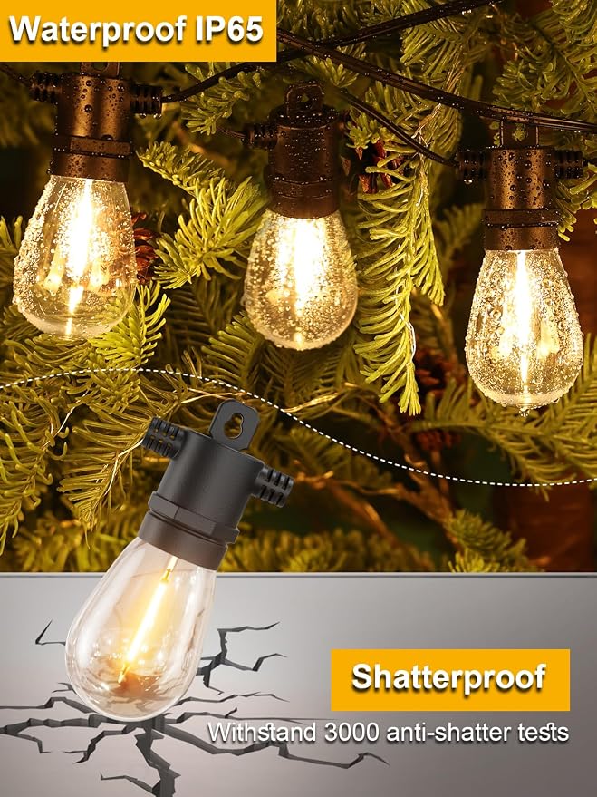 Svater Outdoor String Lights LED 50 FT, LED Patio Light Waterproof IP65 | Dimmable S14 E12 Shatterproof Bulbs,Hanging Lighting for Bistro Cafe Porch Outside Party, ETL-Listed, Warm White