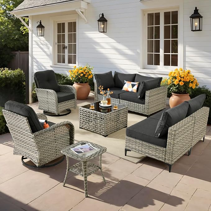 Outdoor Patio Furniture Sets, 8 PCS Patio Conversation Set Outside Rattan Sectional Sofa with Wicker Rocking Chairs Coffee Table Soft Cushion Fit Backyard Porch Garden Poolside Balcony