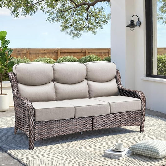 Luxury Outdoor Patio Furniture Set-Wicker High Backrest 3-Seat Patio Sofa with Comfy 6" Cushion, Rattan Couch with Deep Seat All-Weather Patio Conversation Set for Deck Backyard Garden(Brown/Beige)