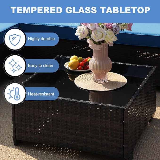 Patio Furniture Set, 6 Pieces Outdoor Couch Sofa with Wider Armrests & Glass Coffee Table, Outdoor Sectional Furniture with Thick Cushions for Party, Poolside,Garden-Peacock