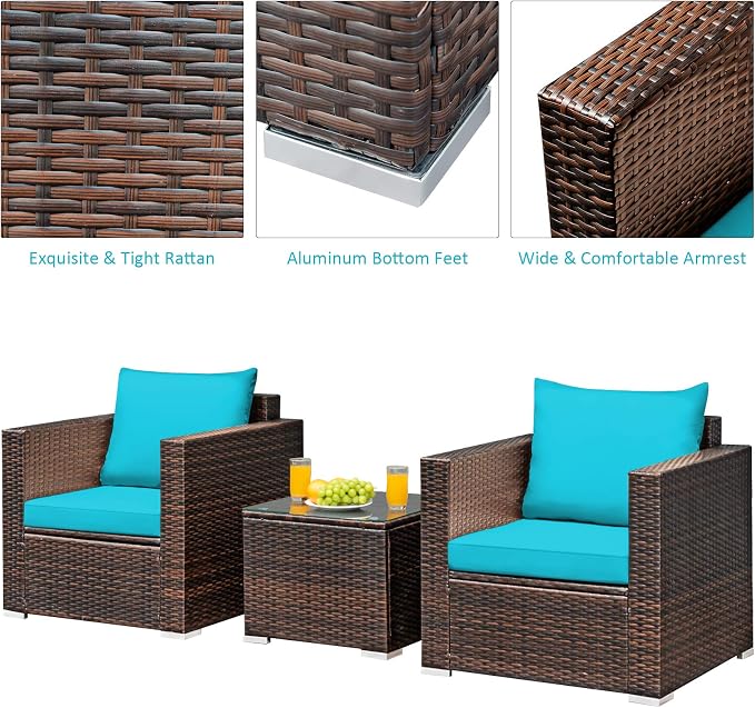 RELAX4LIFE 3-Piece Wicker Bistro Set - Outdoor Patio Rattan Sofa Set w/Washable Cushions & Tempered Glass Coffee Table, Conversation Furniture Set for Backyard, Porch, Garden & Poolside (Turquoise)