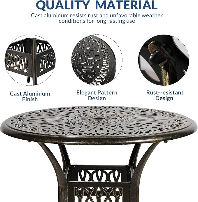 5-Piece Outdoor Patio Dining Set, All-Weather Cast Aluminum Patio Table Set, Include 4 Cushioned Chairs and a 35.4 inch Round Table w/Umbrella Hole for Balcony Garden Backyard, Ocean Blue
