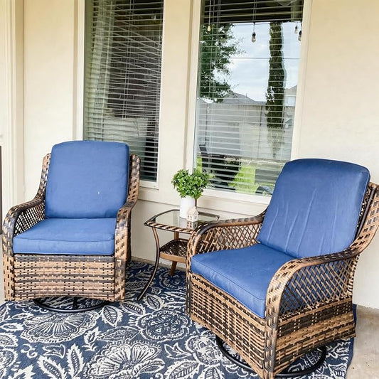 PHI VILLA Oversized Outdoor Swivel Rocker Chairs Set 3 Piece with 1 Table and 2 Rocking & Swivel Chairs Support 350lbs Navy Blue Wicker Outdoor Furniture Patio Conversation Set
