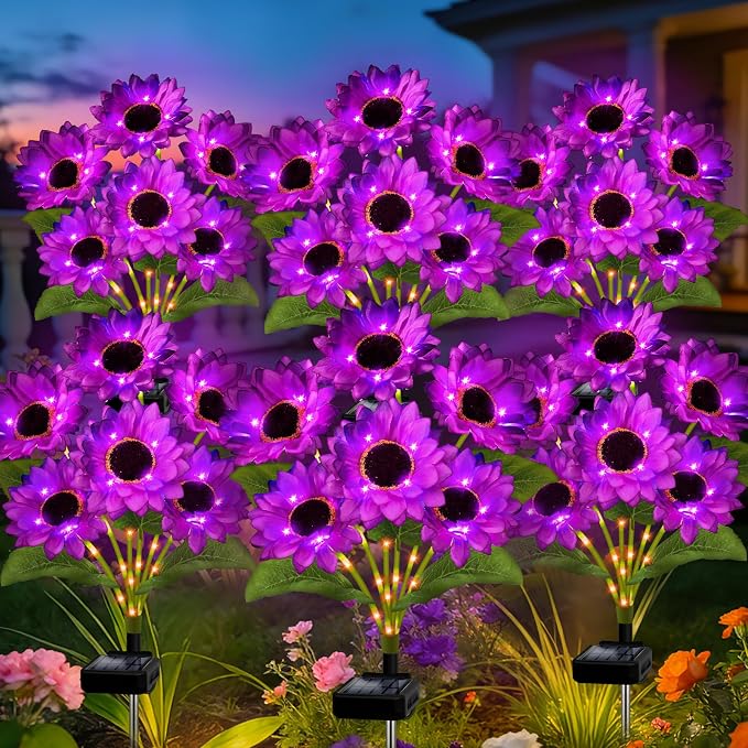 Solar Garden Lights Outdoor, 6 Pack Solar Purple Sunflower Lights with 18 Head 3.5 Inch Flowers, Waterproof Flowers Light Fall Decor Auto ON/Off for Garden Yard Patio Backyard, Gifts for Mom Women