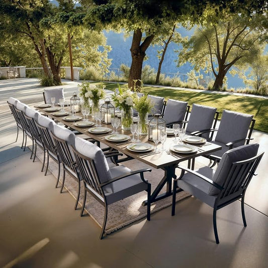 Kullavik 16 Pieces Outdoor Dining Set,Patio Dining Table and Chairs Set for 14,Fence Pattern Back Chairs with Thickened Cushions & X-Frame Metal Dining Table with Umbrella Hole for Patio,Grey
