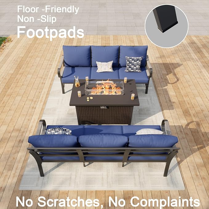3 Pieces Patio Furniture Set, Metal Outdoor Conversation Sets with Fire Pit Table for Backyard Garden Deck Porch Poolside (Thick Blue Cushions)