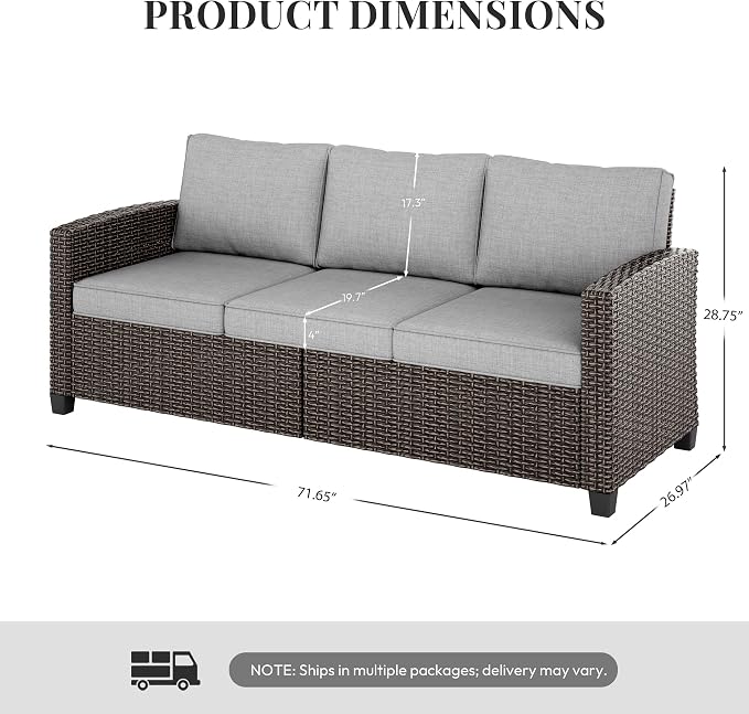 WWR Patio Furniture Set-30% Thicker Wicker-Luxury 1 Piece PatioWicker Outdoor Patio Conversation Set with Extra Wide & Thick Cushions, 3-Seat Sofa for Backyard, Porch & Deck