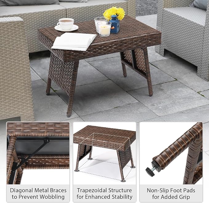 Rattan Folding Patio Side Tables for Outside, Portable & Lightweight Compact Foldable Wicker End Table Small Coffee Table for Poolside Lawn Garden Balcony
