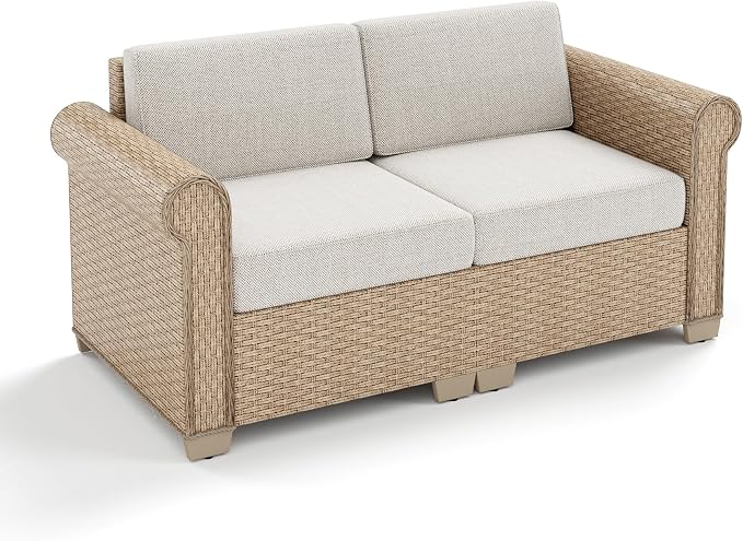 MIXPATIO Patio Couch, 2-Piece Outdoor Rattan Wicker Sofa with 5.5" Thick Waterproof Cushions Deck Backyard