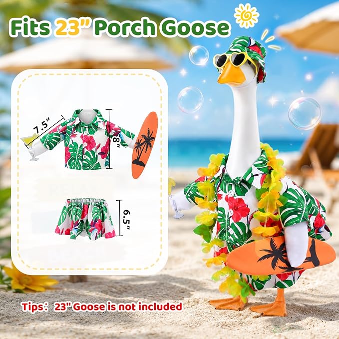 Porch Goose Hawaiian Outfit with Hat, Sunglasses & Lei, Summer Yard Decor | Fits 23 Inch Goose, Includes Tropical Shirt, Drink, Surfboard & Lei,Summer Goose Outfit for Pool Party, Lawn Garden Decor