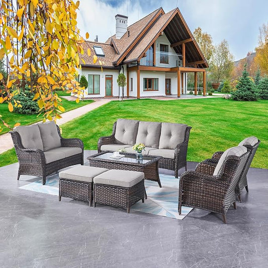 Outdoor Patio Furniture Sofa Set - 7 Piece Rattan Wicker Patio Sectional Conversation Sets with 1 Sofa,1 Loveseat,1 Coffee Table,2 Armrest Chairs and 2 Ottomans for Porch Deck Garden(Brown/Grey)