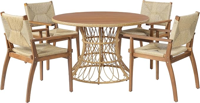 IRONORA Natural Acacia Wood Top Round Patio Dining Table, Woven Rattan Hourglass Base Outdoor Bistro Table, 4-6 Person Wooden Slatted Top Table for Backyard Balcony Garden Coastal Decor