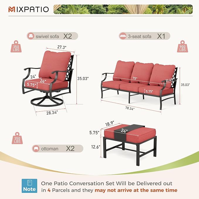 MIXPATIO Patio Furniture Set 5 pcs, Outdoor Patio Furniture, 3-Seat Sofa, 2 Swivel Chairs, 2 Ottomans and 5.75" Extra Thick Cushion, Patio Conversation Set for Garden Backyard Deck,Red