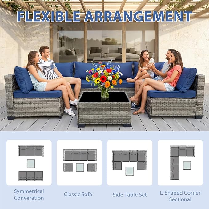 7 Piece PE Rattan Sectional Patio Furniture Set, Blue | All Weather Outdoor Conversation Sofa Set with Coffee Table & Thick Cushions, Ideal for Backyard Porch Garden