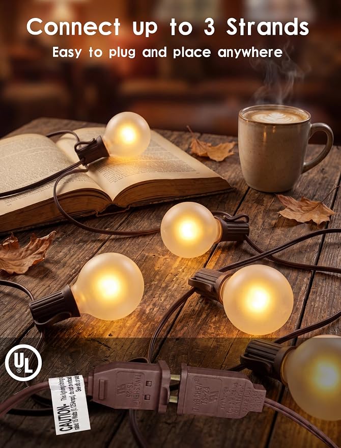 SUNSGNE 25Ft Outdoor Edison String Lights G40 Globe String Lights with 27 Frosted White Bulbs, Waterproof Connectable Hanging String Light for Christmas Patio House Backyard Balcony Party, Brown Wire