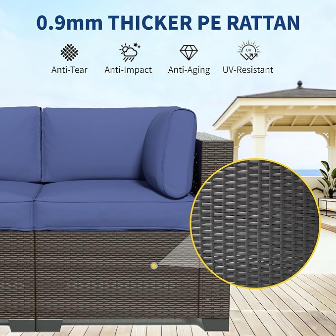 SHGJ&SOFT 7 Piece Outdoor Patio Furniture Set, All-Weather Rattan Wicker Modular Sectional Sofa Conversation Set with Water-Resistant Cushions & Tempered Glass Table for Backyard Poolside (Blue, 7pcs)