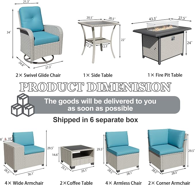 16-Piece Outdoor Patio Furniture Set, Modular Sectional Sofa Set with Swivel Rocker Chairs & Fire Pit, Wicker Outdoor Couch Conversation Sets w/Coffee Table and Cushions, Turquoise