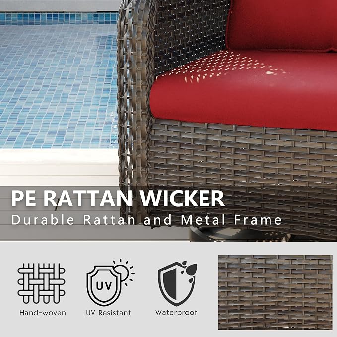 Outdoor 360 Degree Swivel Rocker Patio Chairs Sets of 2 and Matching Side Table - 3 Piece Patio Wicker Glider Chairs with Olefin Cushions(Mixed Grey/Red)