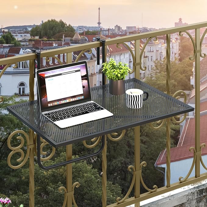 Giantex Balcony Table, Folding Outdoor Side Table for Railings Up to 2.4" Thick, Space-Saving Railing Serving Table with Metal Frame, Foldable Bar Table for Patio, Porch, Deck (24”x20”x20”)