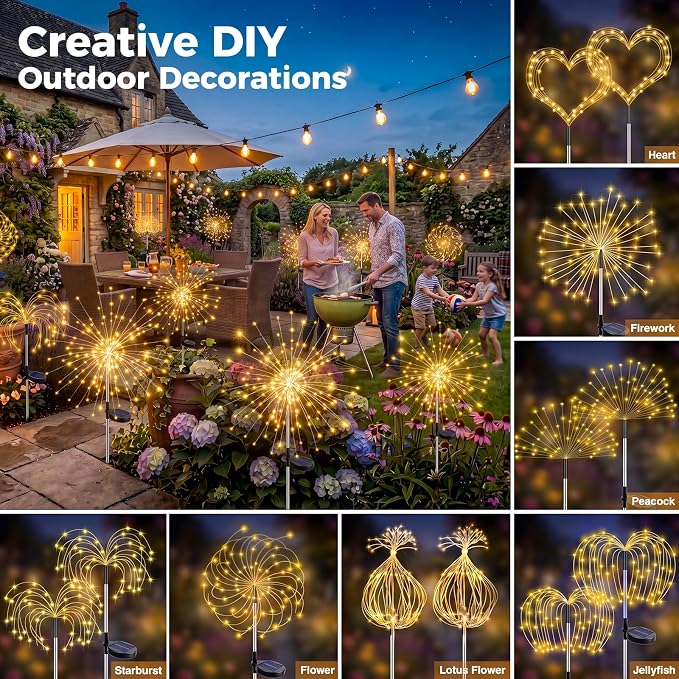 btfarm 6 Pack Solar Garden Lights Outdoor, 8 Modes Firework Lights Outside | 120LED, Waterproof Fairy Twinkle Light Solar Powered for Yard Christmas Pathway Lawn Pool Patio Decorative, Warm White