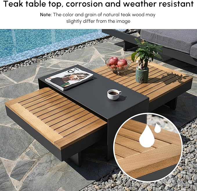 homary 4-Piece Modular Outdoor Sofa Set, Aluminum & Teak Patio Conversation Set with 600D Waterproof Covers, Adjustable Backrests, Fade-Resistant Cushions for Patio, Balcony, Deck
