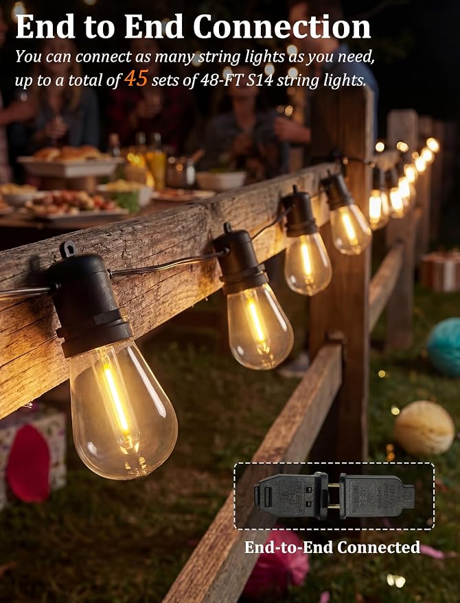 S14 Outdoor String Lights 48FT, Waterproof Patio Lights with 17 Shatterproof LED Bulbs (1 Spare), UL Certified Commercial Grade Black Wire Hanging Lights for Outdoor, Indoor, Backyard, Porch