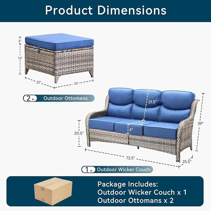 Luxury 3 Pieces Patio Furniture Sets-All Weather Wicker Rattan 3-Seat Sofa Set with Comfy 6" Cushion, Multifunctional Ottomans Patio Conversation Set for Deck Backyard Garden(Grey/Blue)