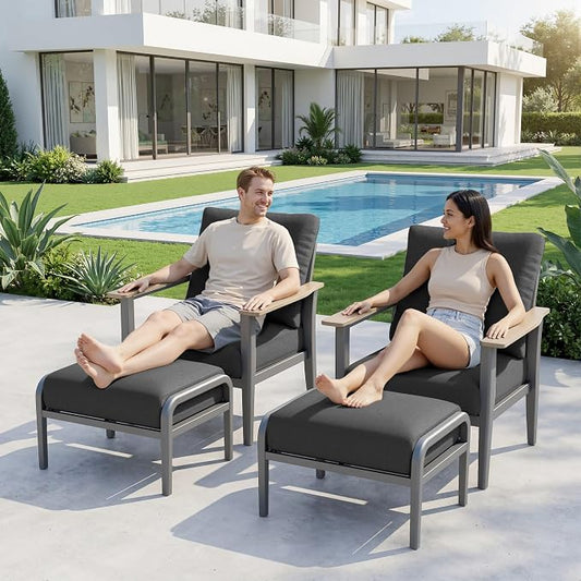 Aluminum Patio Chairs with Ottomans, 4-Piece Outdoor Patio Furniture Set, Modern Lounge Armchairs with Footrests, Wood-Like Armrests & 5.1" Thick Cushions for Porch, Poolside, Black