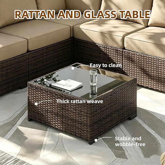 MOCHITO 5 Pcs Outdoor Patio Furniture Sets Brown Rattan Khaki Cushions | All-Weather Sectional Sofa, with Glass Table, PE Rattan Wicker Patio Furniture , Washable Cushions, for Balcony Porch Garden