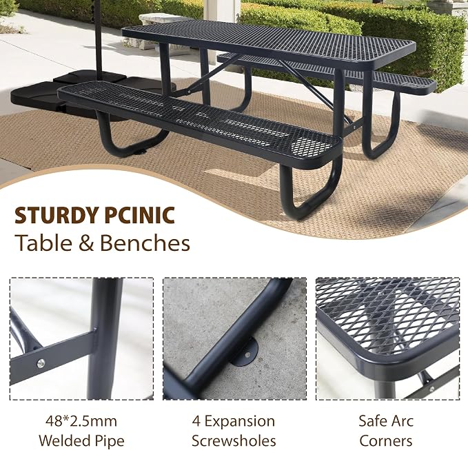 4FT Rectangular Metal Picnic Table for Outdoors, Commercial Steel Metal Picnic Tables, Heavy Duty Sturdy Picnic Tables Furniture Set for Patio Garden Courtyard BBQ, with Umbrella Hole, Black