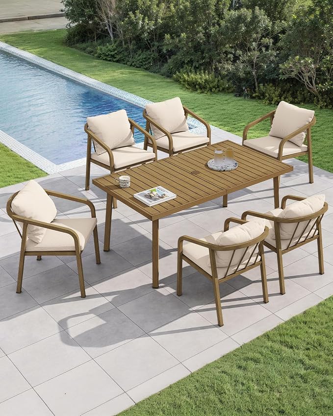 7-Piece Patio Dining Set, Never-Rust Aluminum Outdoor Dining Set for 6, Rectangular Outdoor Table and Chairs Set with Washable Cushions, Patio Furniture Set for Poolside, Deck, Backyard, Teak