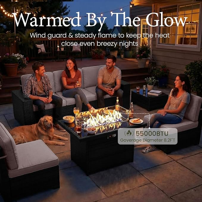 LayinSun 13 Pieces Outdoor Patio Furniture Set with 44" Fire Pit Table Rattan Sectional Sofa Conversation Sets