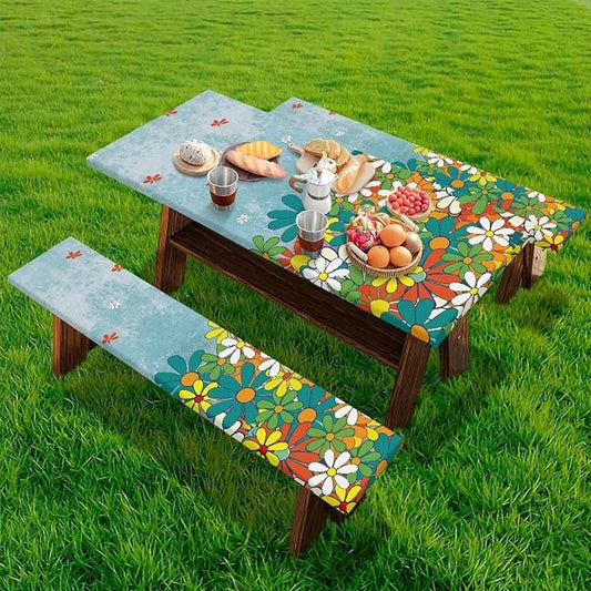Daisy Picnic Table Cover with Bench Covers Reusable Rectangle Table Cover Outdoor Patio Camping Essentials 72 inch 3PCS Camping Fitted Tablecloth Ideal for Patio Party