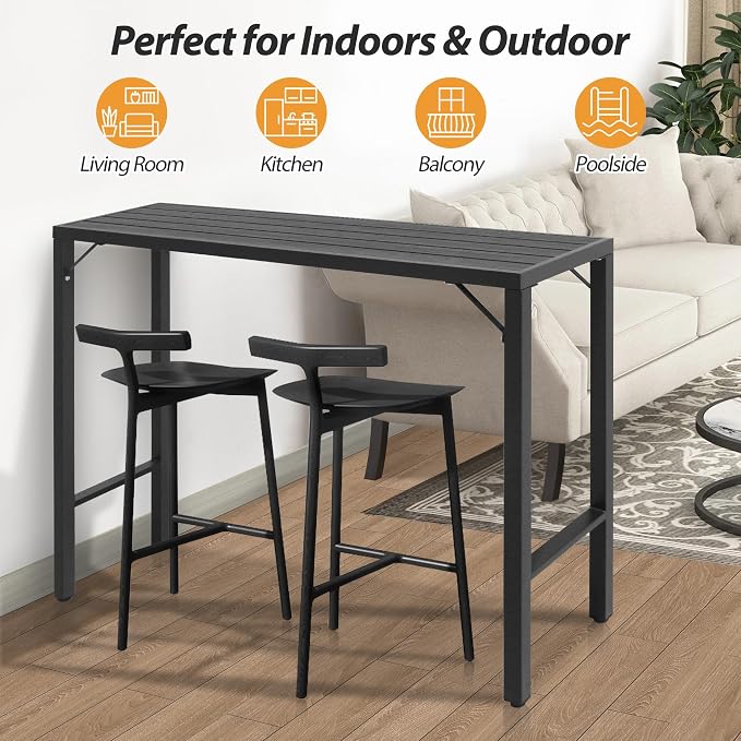 Outdoor Bar Table, 55” Patio Bar Height Table, Bar Counter Pub Dining Table with Waterproof Top for Balcony, Garden, Yard, Poolside (Black)