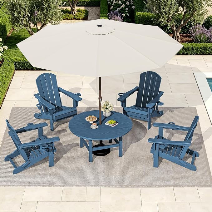 SERWALL 6-Piece Patio Set, 4 Folding Adirondack Chairs with Cup Holders, Round Table & Center Pole Umbrella, HDPE Plastic, Blue