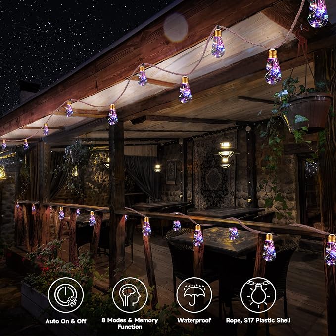 Solar Outdoor String Lights, 20Ft Vintage Rope Hemp Solar Patio Lights, Waterproof Multicolor Solar Powered String Lights With 8 Modes 16 Shatterproof Bulbs for Garden Fence Stairs Balcony Café Bistro