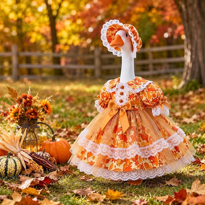 Soulchen Fall Yellow Maple Leaf Porch Goose Outfits for 23 Inch Goose Clothes with Dress and Bonnet for Outdoor Garden Yard Lawn Entrance Decor