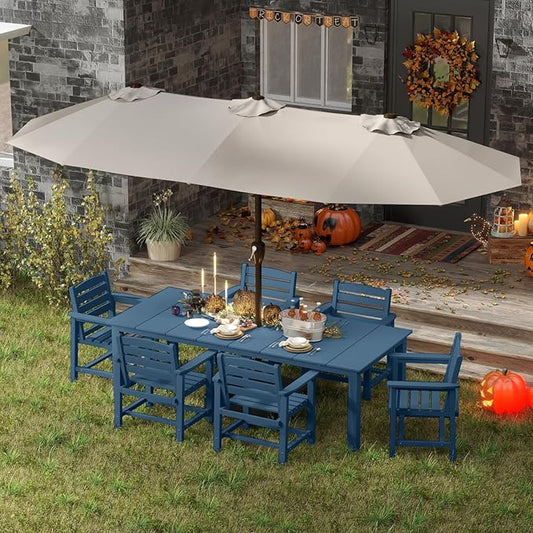 7-Piece Outdoor Dining Set with 15FT Umbrella for 6,Navy Blue | 75.2'' HDPE table, chairs included, weather-resistant furniture with hole, ideal for lawn, poolside, yard, garden, deck
