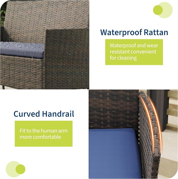 4-Piece Outdoor Furniture Set, PE Rattan Wicker Chairs with Soft Cushions & Tempered Glass Coffee Table - All-Weather Patio Set for Garden, Backyard, Porch, Poolside (Brown/Dark Blue)