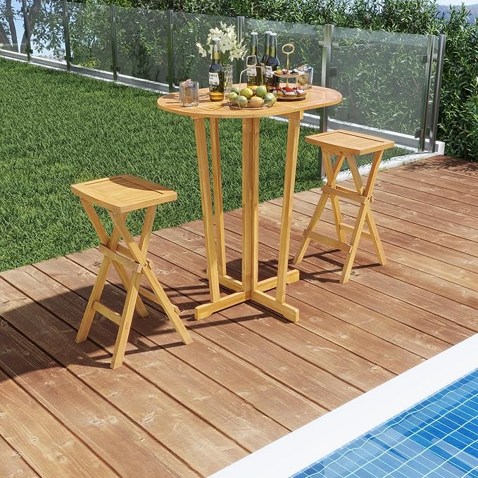 Tangkula Outdoor Teak Wood Bar Table Folding, Patio Bar Height Oval Table with Slatted Tabletop and Cross Base, Pub Height Table for Patio, Porch, Backyard, Poolside
