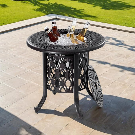 21" Side Table with Removable Ice Bucket- Rustproof Cast Aluminum Frame, Hand-Brushed Finish, Food-Grade 304 Stainless Steel Bucket - Perfect for Indoor & Outdoor, Patio, Balcony, and Poolside