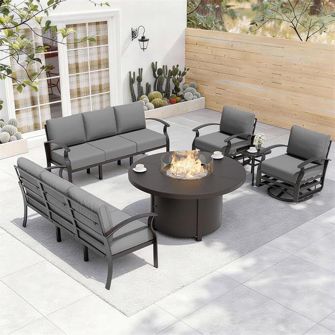 ALAULM Aluminum Patio Furniture Set with Coffee Table Rectangular, 5-seat Outdoor Sectional Furniture w/2 Swivel Chairs, Patio Conversation Set for Porch, Backyard, Poolside-Grey
