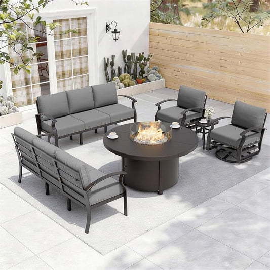 ALAULM Aluminum Patio Furniture Set with Coffee Table Rectangular, 5-seat Outdoor Sectional Furniture w/2 Swivel Chairs, Patio Conversation Set for Porch, Backyard, Poolside-Grey