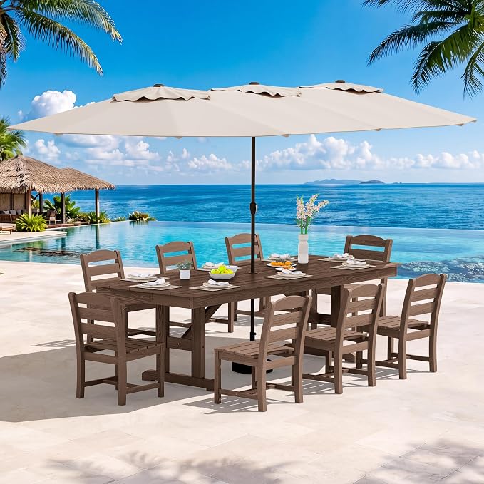 SERWALL 10 Piece Outdoor Dining Set with 15ft Triple-Head Foldable Umbrella, 84" HDPE Outdoor Table and Armless Chairs Set for 8，All Weather Patio Furniture Set with Umbrella Hole for Backyard, Brown